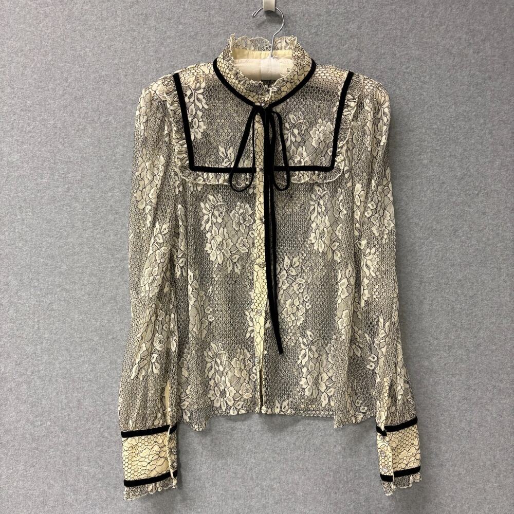 A Loves A Chantilly Lace Velvet Tie Blouse Cream Black Parisian Chic Large NWT